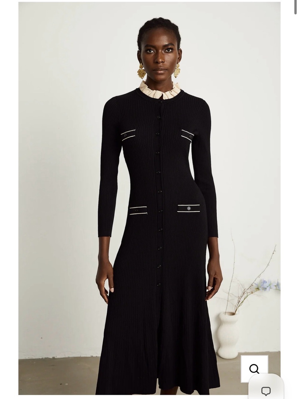 Black Long-Sleeve Ribbed Button-Front Midi Dress